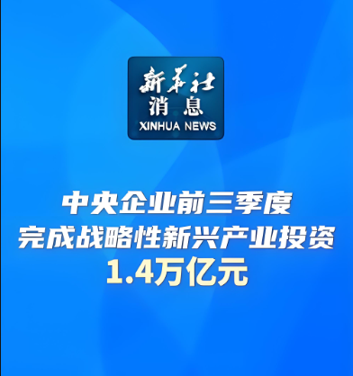 今年前三季度，中央企業(yè)在戰(zhàn)略性新興產(chǎn)業(yè)領(lǐng)域累計完成投資1.4萬億元，同比增長17.6%
